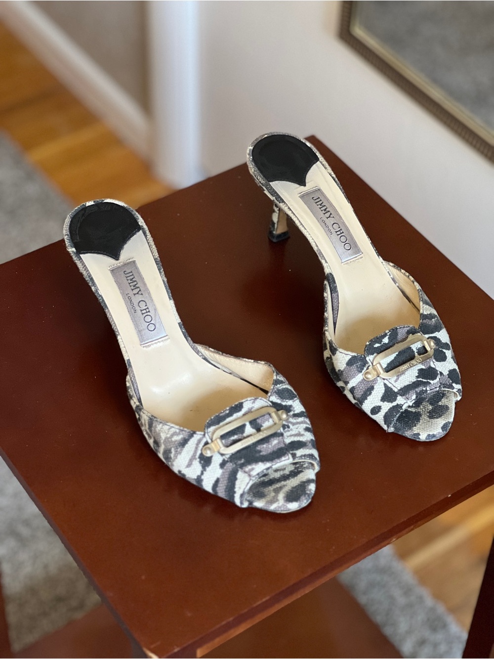 Jimmy Choo Black and White Patterned Open-Toe Mules
